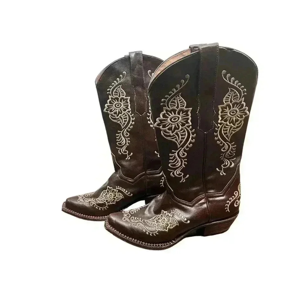 Ranchers Boot Co. Dark Brown Leather Floral Embroider Cowboy Boots - size 8